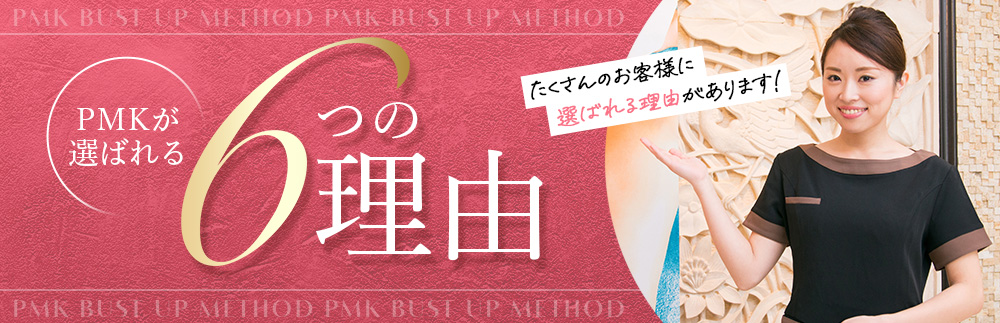 PMKが選ばれる6つの理由 たくさんのお客様に選ばれる理由があります！ PMK BUST UP METHOD PMK BUST UP METHOD